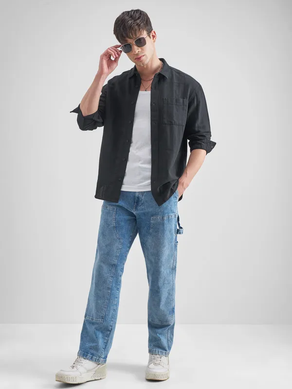 Highlander Men Black Striped Relaxed Fit Casual Shirt