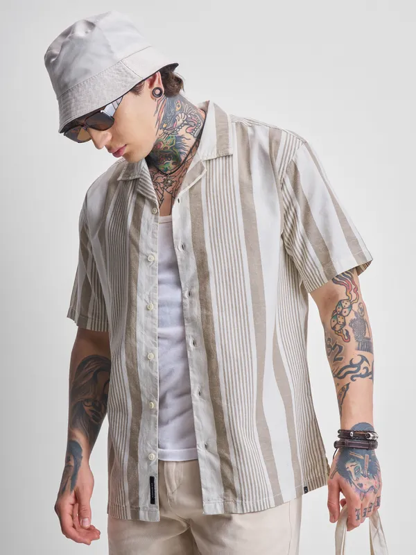 Highlander Men Brown Striped Relaxed Fit Casual Shirt