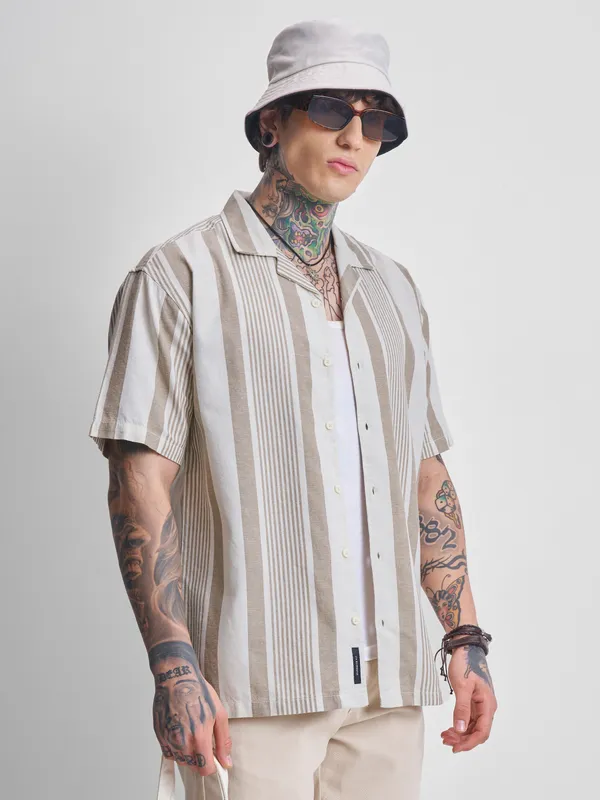 Highlander Men Brown Striped Relaxed Fit Casual Shirt