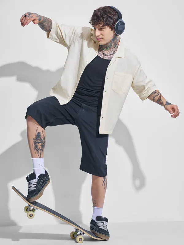 Highlander Men Cream Self Design Boxy Fit Casual Shirt