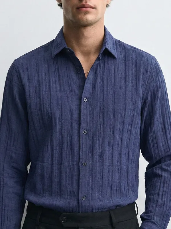 Highlander Men Blue Self Design Relaxed Fit Casual Shirt