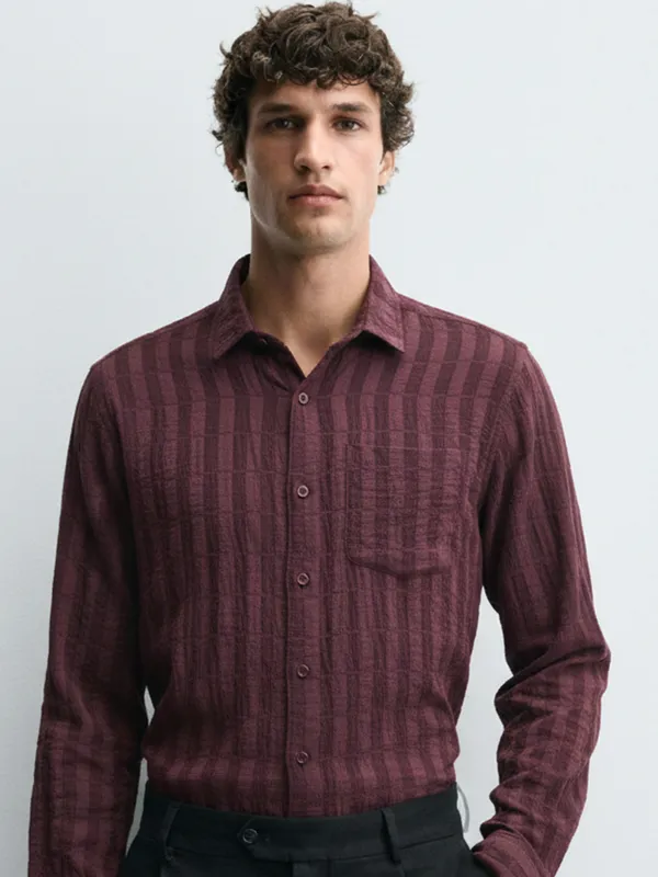 Highlander Men Maroon Crushed Relaxed Fit Casual Shirt