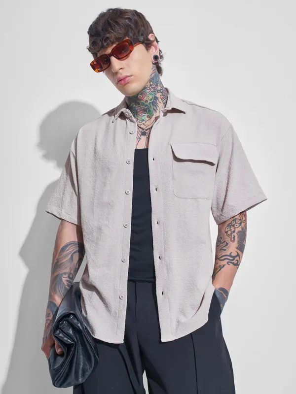 Highlander Men Beige Self Design Oversized Fit Casual Shirt