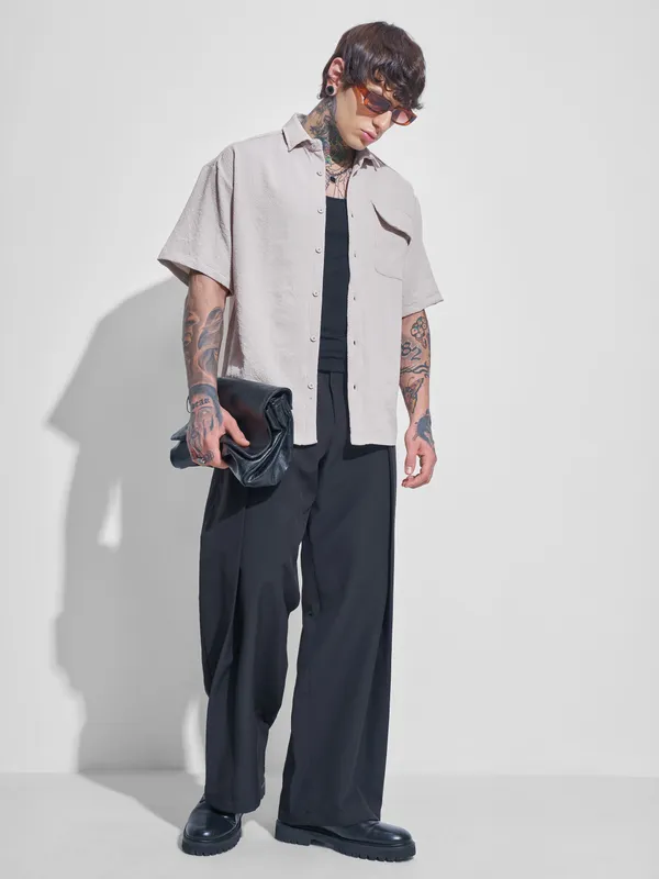 Highlander Men Beige Self Design Oversized Fit Casual Shirt