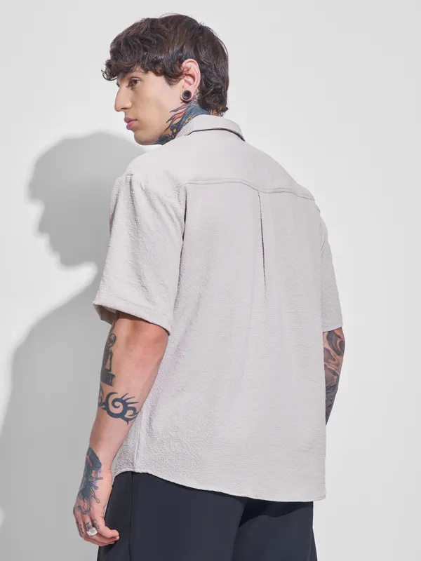 Highlander Men Beige Self Design Oversized Fit Casual Shirt