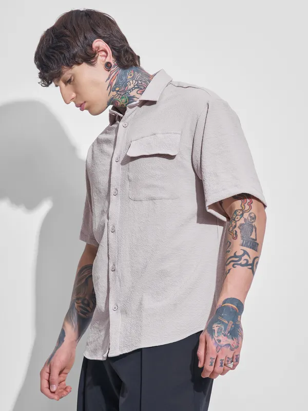 Highlander Men Beige Self Design Oversized Fit Casual Shirt