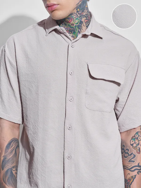 Highlander Men Beige Self Design Oversized Fit Casual Shirt