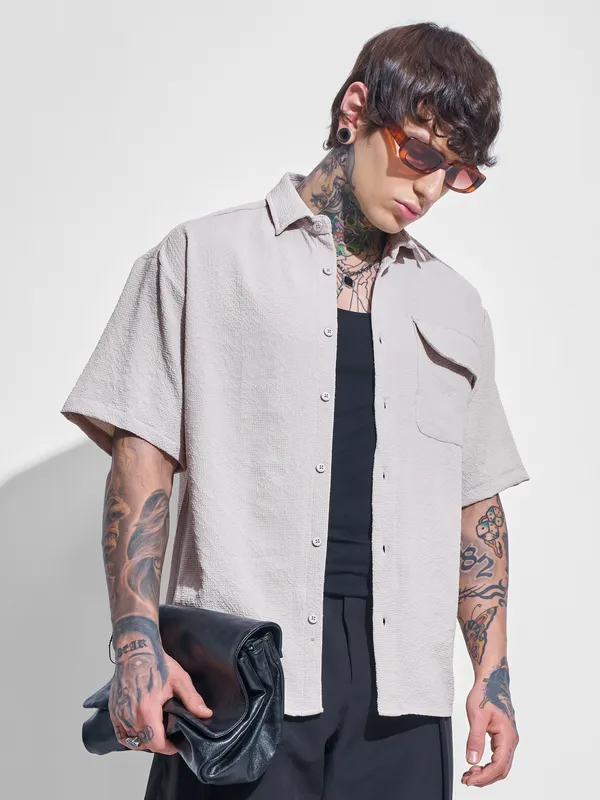 Highlander Men Beige Self Design Oversized Fit Casual Shirt