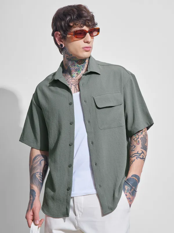 Highlander Men Olive Self Design Oversized Fit Casual Shirt