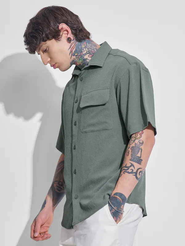 Highlander Men Olive Self Design Oversized Fit Casual Shirt