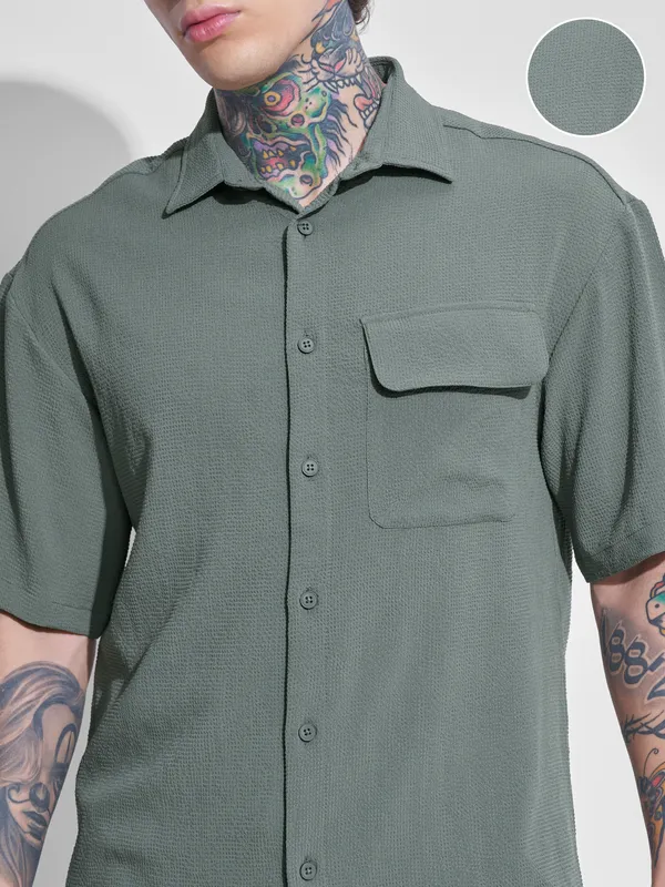 Highlander Men Olive Self Design Oversized Fit Casual Shirt