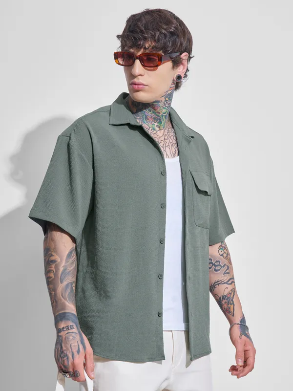Highlander Men Olive Self Design Oversized Fit Casual Shirt