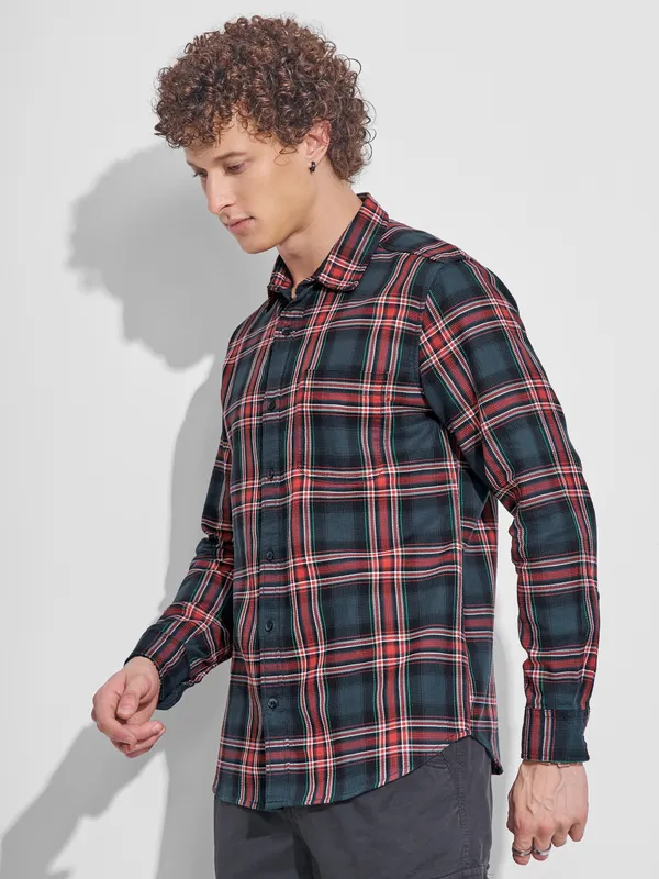 Highlander Men Teal Checked Slim Fit Casual Shirt