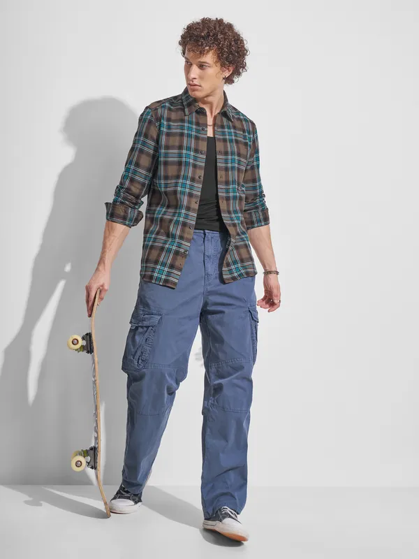 Highlander Men Khaki Checked Slim Fit Casual Shirt