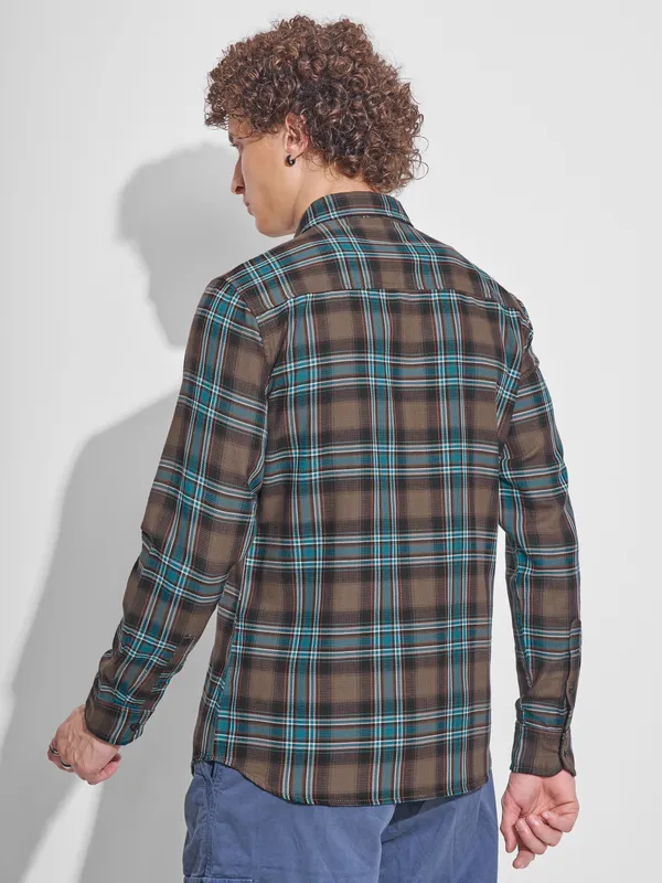 Highlander Men Khaki Checked Slim Fit Casual Shirt