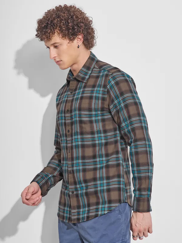 Highlander Men Khaki Checked Slim Fit Casual Shirt