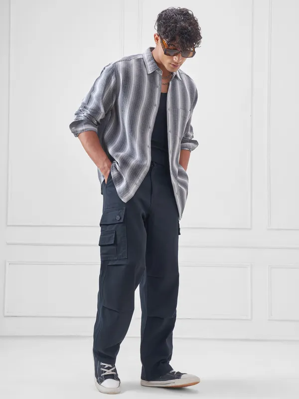 Highlander Men Grey Striped Relaxed Fit Casual Shirt