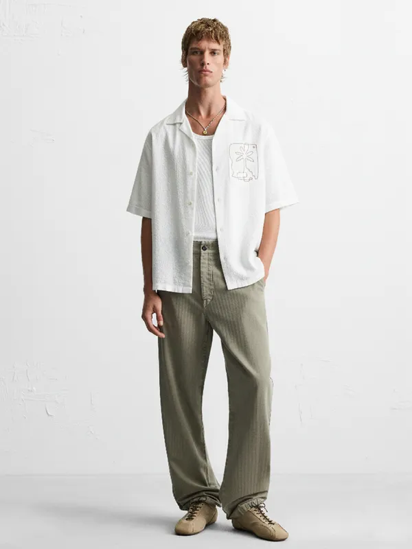 Highlander Men White Embroidered Relaxed Fit Casual Shirt