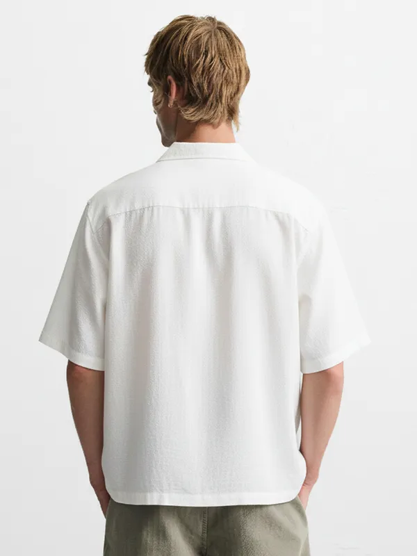 Highlander Men White Embroidered Relaxed Fit Casual Shirt