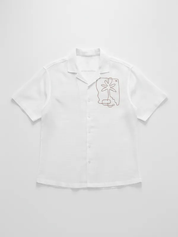 Highlander Men White Embroidered Relaxed Fit Casual Shirt