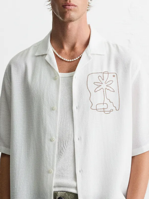 Highlander Men White Embroidered Relaxed Fit Casual Shirt