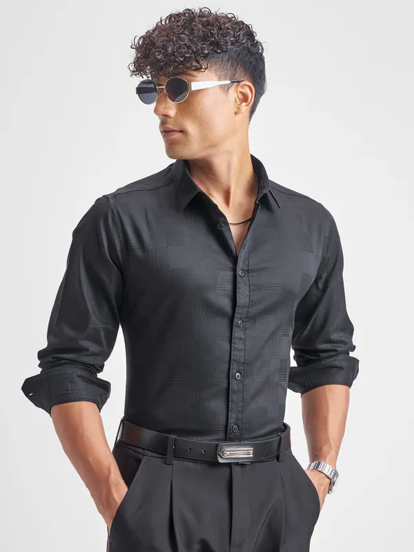 Highlander Men Black Self Design Slim Fit Casual Shirt