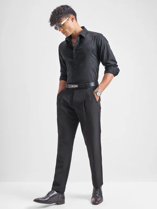 Highlander Men Black Self Design Slim Fit Casual Shirt