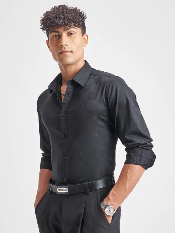 Highlander Men Black Self Design Slim Fit Casual Shirt