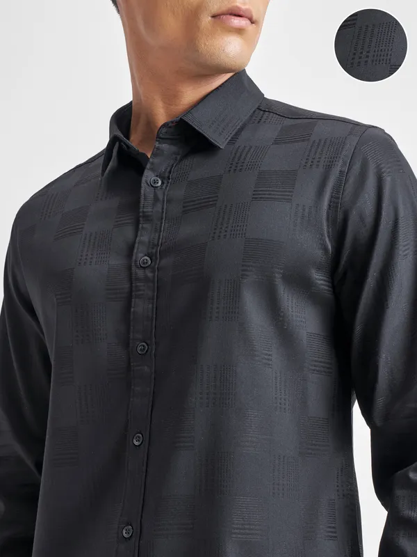 Highlander Men Black Self Design Slim Fit Casual Shirt