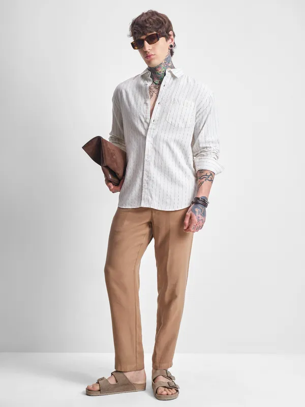 Highlander Men Cream Striped Relaxed Fit Casual Shirt