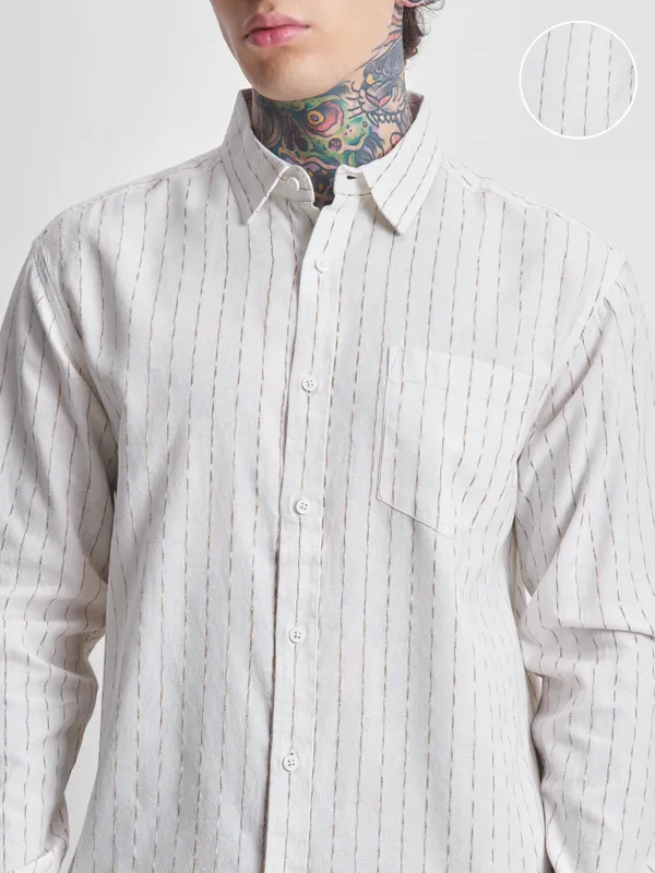 Highlander Men Cream Striped Relaxed Fit Casual Shirt