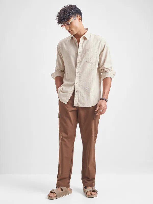 Highlander Men Beige Self Design Relaxed Fit Casual Shirt