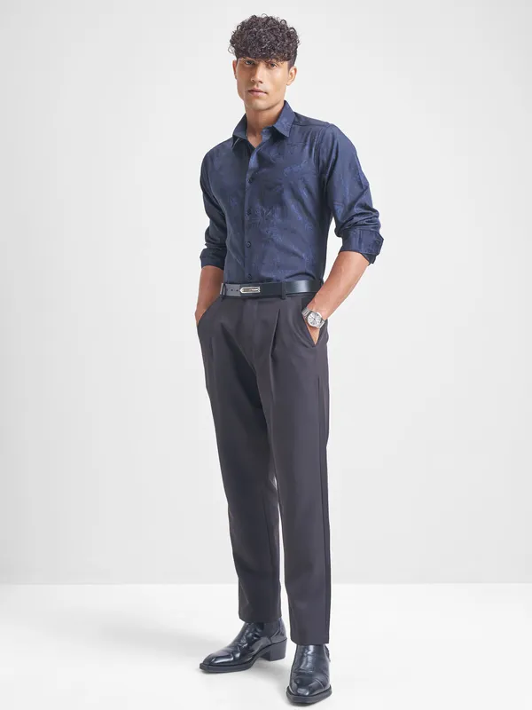 Highlander Men Navy Blue Self Design Slim Fit Casual Shirt