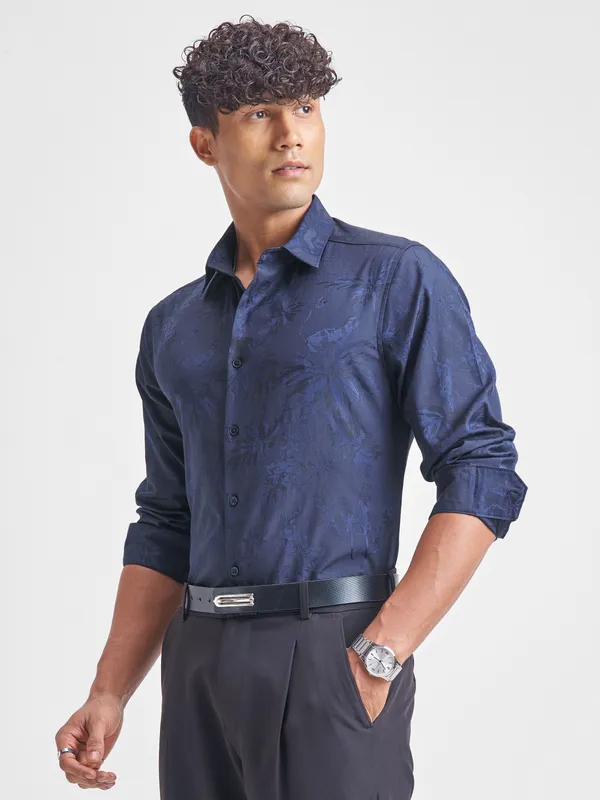 Highlander Men Navy Blue Self Design Slim Fit Casual Shirt