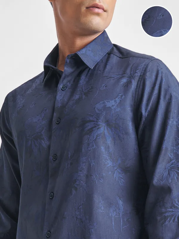 Highlander Men Navy Blue Self Design Slim Fit Casual Shirt