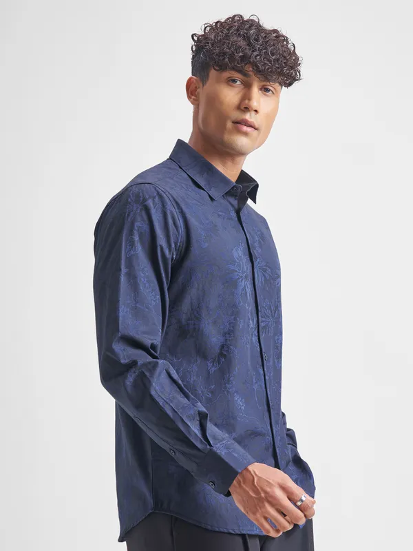 Highlander Men Navy Blue Self Design Slim Fit Casual Shirt