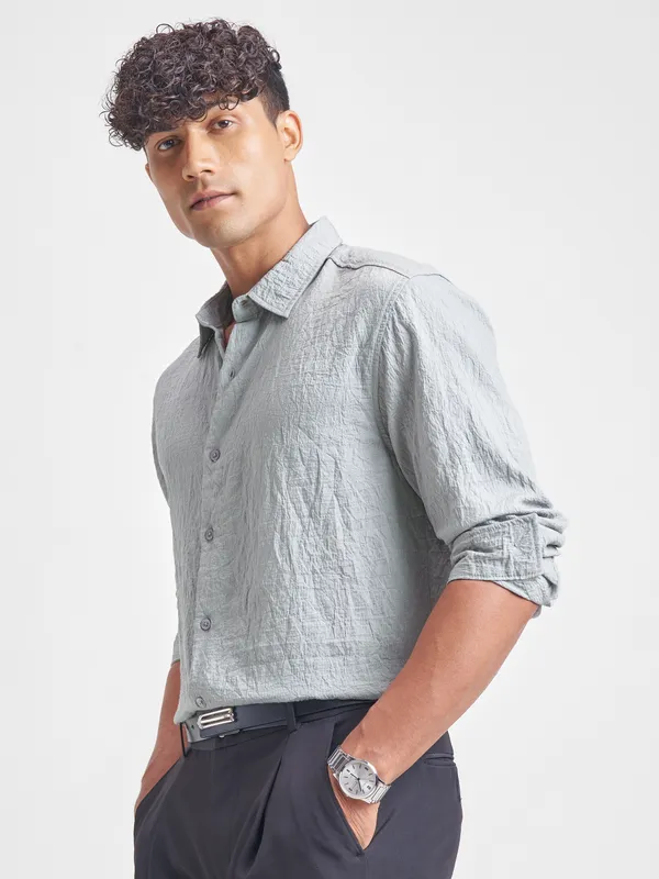 Highlander Men Grey Self Design Relaxed Fit Casual Shirt