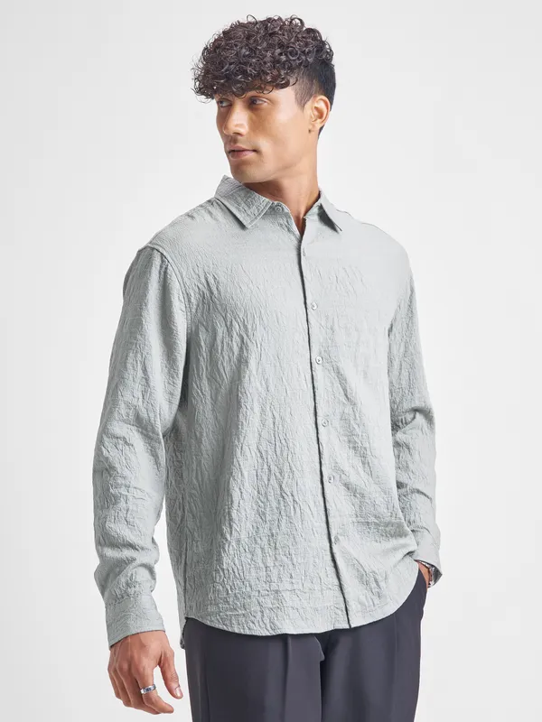 Highlander Men Grey Self Design Relaxed Fit Casual Shirt
