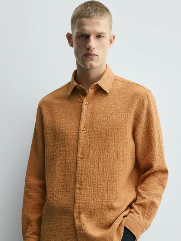 Highlander Men Rust Crushed Relaxed Fit Casual Shirt