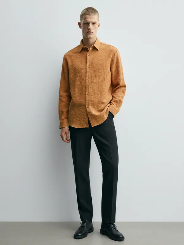 Highlander Men Rust Crushed Relaxed Fit Casual Shirt