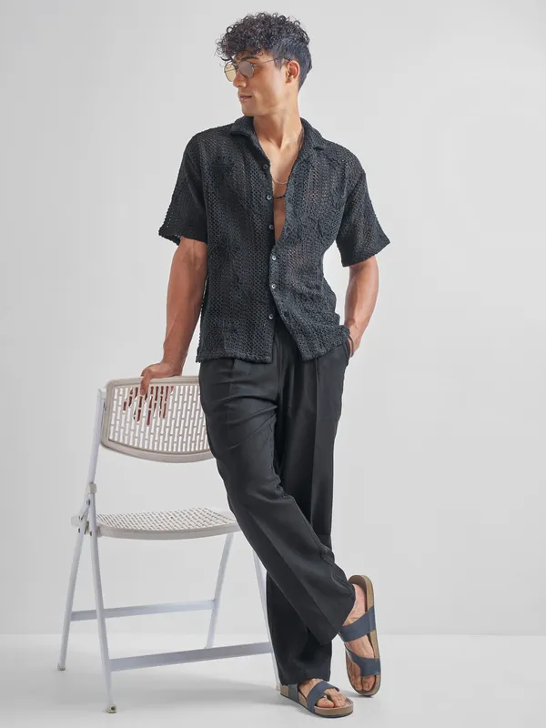 Highlander Men Black Self Design Relaxed Fit Casual Shirt