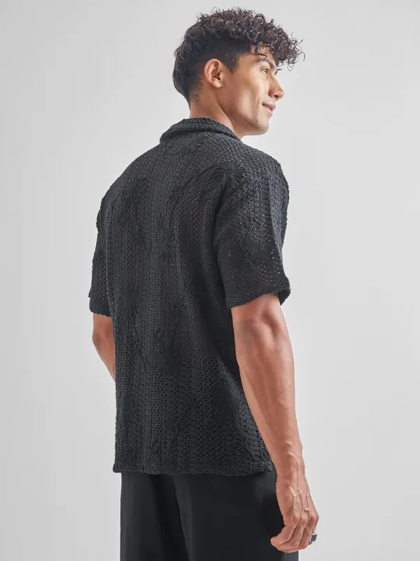 Highlander Men Black Self Design Relaxed Fit Casual Shirt