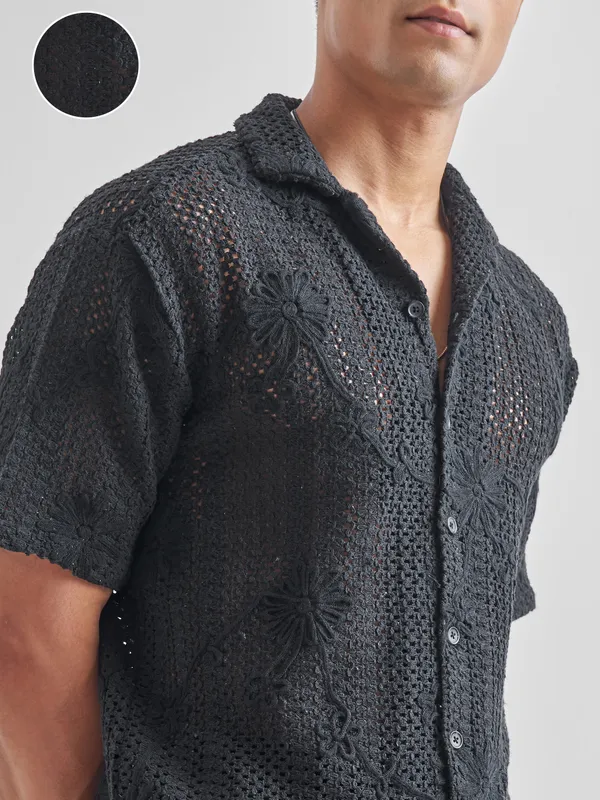 Highlander Men Black Self Design Relaxed Fit Casual Shirt