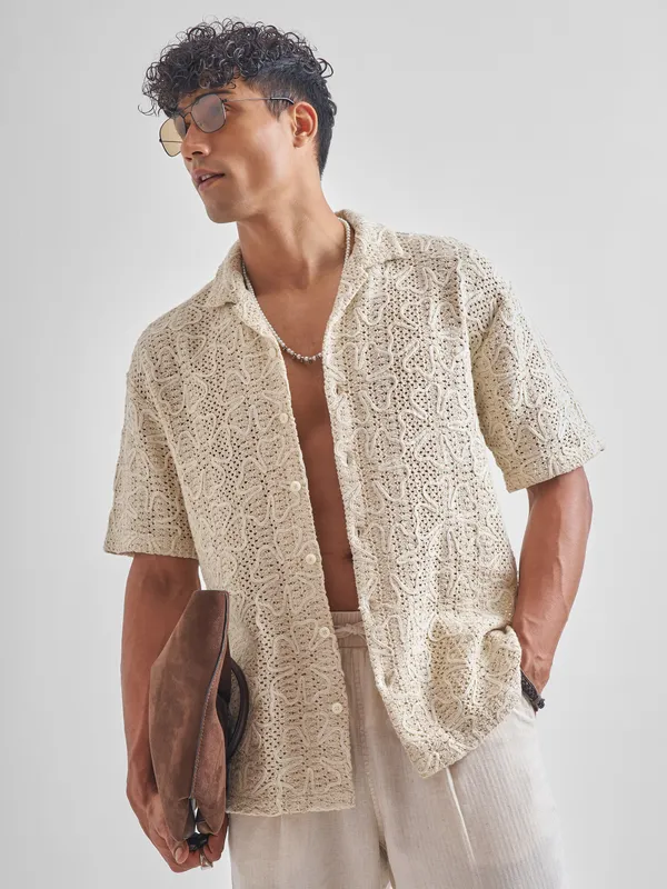 Highlander Men Beige Embroidered Crochet Relaxed Fit Casual Shirt