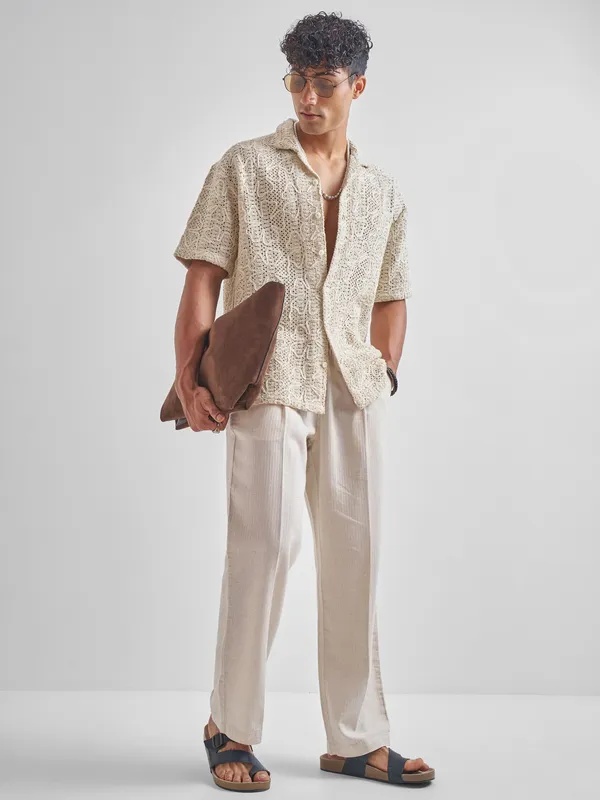 Highlander Men Beige Embroidered Crochet Relaxed Fit Casual Shirt