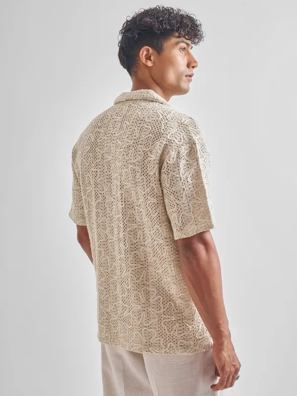 Highlander Men Beige Embroidered Crochet Relaxed Fit Casual Shirt