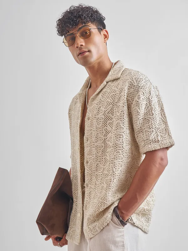 Highlander Men Beige Embroidered Crochet Relaxed Fit Casual Shirt