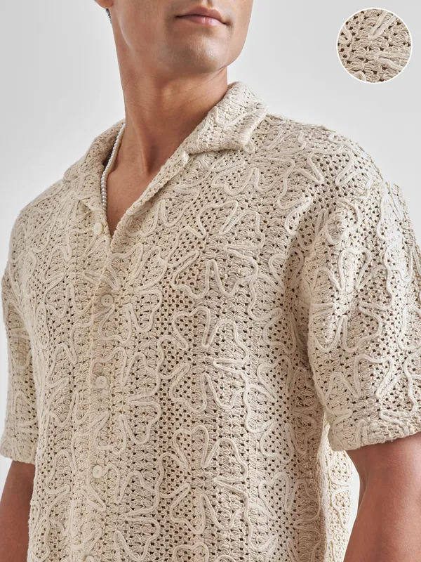 Highlander Men Beige Embroidered Crochet Relaxed Fit Casual Shirt