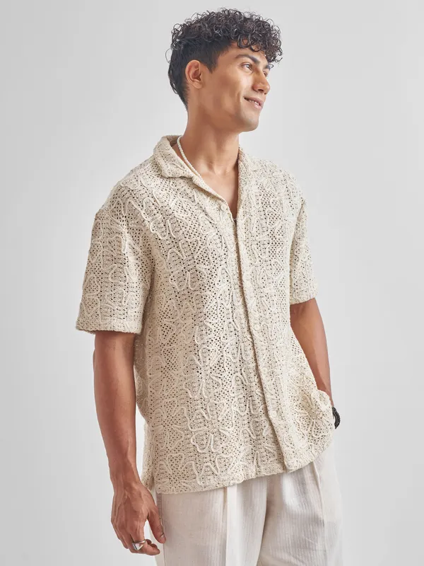 Highlander Men Beige Embroidered Crochet Relaxed Fit Casual Shirt