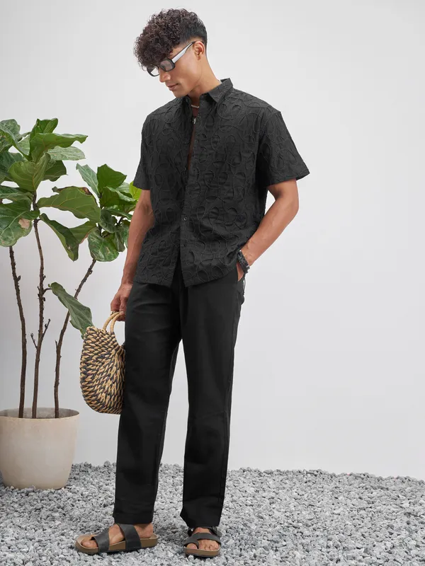 Highlander Men Black Embroidered Relaxed Fit Casual Shirt